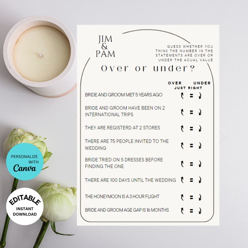 Over or Under Bridal Shower Game Digital Download, Canva Template ...