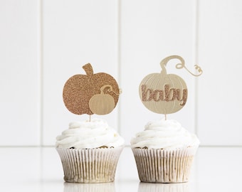 Kürbis Babyparty Cupcake Toppers: Glitter Cardstock, Set von 12