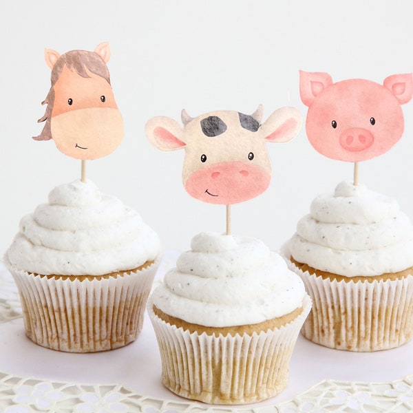 Farm animal cupcake toppers, Cow cupcake toppers, farm birthday cupcake toppers, pig cupcake toppers, horse cupcake toppers