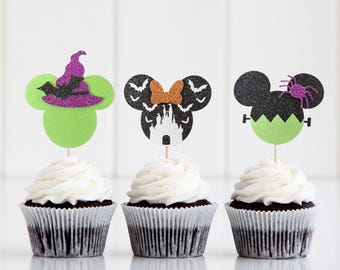 12 Halloween Mickey Cupcake Toppers: Witch, Castle, Frankenstein