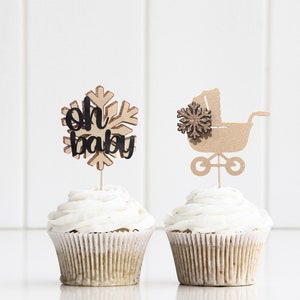 12 Winter Baby Shower Cupcake Toppers: Snowflake & Carriage Decor