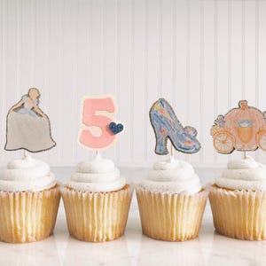 12 Cinderella Cupcake Toppers, Cinderella Birthday toppers, Glass Slipper, Pumpkin Carriage, Cinderella Birthday Cupcake toppers