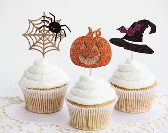 Glitter Halloween Cupcake Toppers: Spiderweb, Witch Hat, Pumpkin - Set of 12