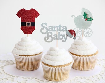 Weihnachtliche Cupcake Toppers: Glitter Baum, Schlitten, Nikolausmütze (12er Set)