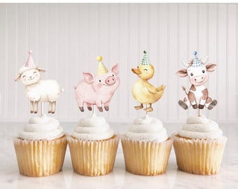 Farm Animal Cupcake Toppers:  Barnyard Birthday Party Decor - Set of 12