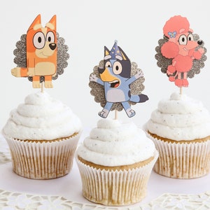 12 Bluey Cupcake Toppers, Blue Dog Family Cupcake Toppers, Dog cartoon toppers, Bluey Cake topper, Bluey Heeler Birthday Cupcake Toppers