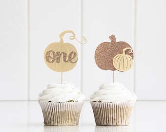 12 Pumpkin cupcake toppers, Little pumpkin theme topper, Fall birthday cupcake toppers, First Birthday pumpkin toppers