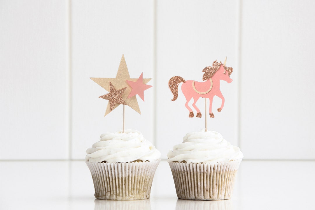 12 Unicorn and Star Cupcake Toppers, Glitter Unicorn Toppers, Star