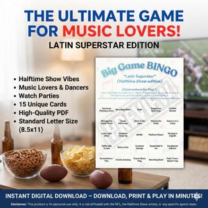 Big Football Game Bingo | Halftime Show | Latin Music Party Game (Printable, Instant Download, 15 Unique Cards)