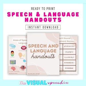 Op de afbeelding: Een printbare set met spraak- en taalhandouts met een roze en bruine kleurstelling. De handouts bevatten informatie over gebieden van spraak en taal, normen voor de ontwikkeling van spraakklanken en een titel die "Speech and Language Handouts" luidt.