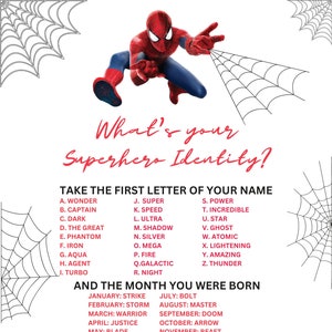 Superhelden Party Zeichen / Spiderman Party / Superheld Geburtstag / What&#39;s Your IDENTITY / Superheld Printable / Superheld Party Spiel / Spiderman