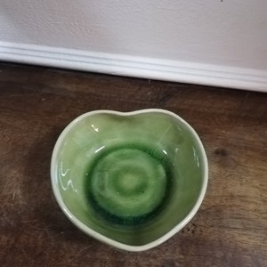 Green cracked ceramic heart bowl made on a St Amand stoneware potter's wheel