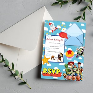 May include: A rectangular party invitation card featuring a light blue sky background with white clouds, a rocket, and a group of animated characters. The text reads Jaden's turning 5, Come celebrate with us, 123 Andy's Coming St, Any city, st 12345, September 8th @ 2:00 PM, and RSVP HERE.