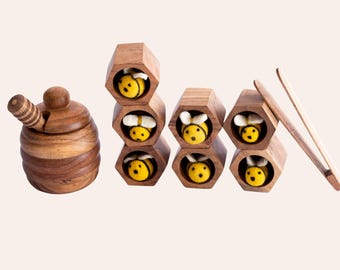 Montessori Beehive Toy | Acacia Wood Sorting & Fine Motor Toy for Toddlers | Felt Bees | Ages 3+