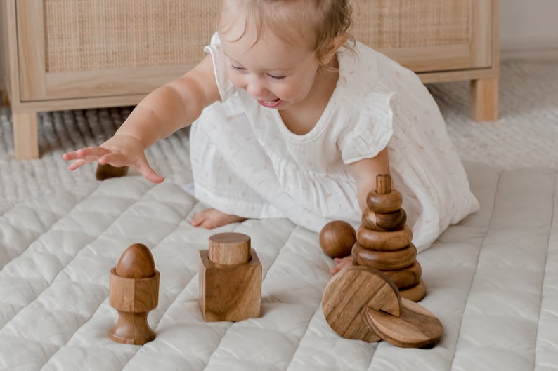 May include: A set of natural wooden toys including a stacking ring tower, a spherical ball, a cube with a cylindrical top, a small egg-shaped piece in a pedestal base, and several flat circular discs with a visible wood grain texture.
