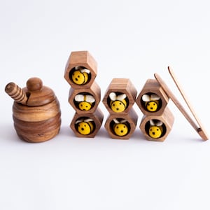 Montessori Wooden Beehive Toy | Felt Bees, Hexagon Hives, Honey Pot and Spoon | Fine Motor Play for Toddlers | Acacia Wood | Ages 3 to 6