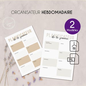 Op de afbeelding: Twee afdrukbare weekplanner-sjablonen in PDF- en JPEG-formaat. De sjablonen hebben een eenvoudig ontwerp met een lichtgrijze achtergrond en zwarte tekst. De tekst "PLANIFICATEUR de la semaine" staat bovenaan elke sjabloon.