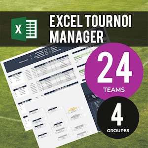 以下が含まれることがあります： 左上の隅にスプレッドシートプログラムのアイコンがあるドキュメント。ドキュメントのタイトルは「EXCEL TOURNOI MANAGER」。ドキュメントには、4つのグループに分けられた24チームのトーナメントブラケットが表示されています。ドキュメントは緑の芝生の背景にあり、紫色の円には「24 TEAMS」、黒い円には「4 GROUPES」というテキストが書かれています。