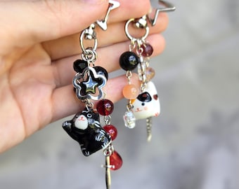 Handmade Beaded Cat Keychain: Calico, Black, Orange Cat Charm