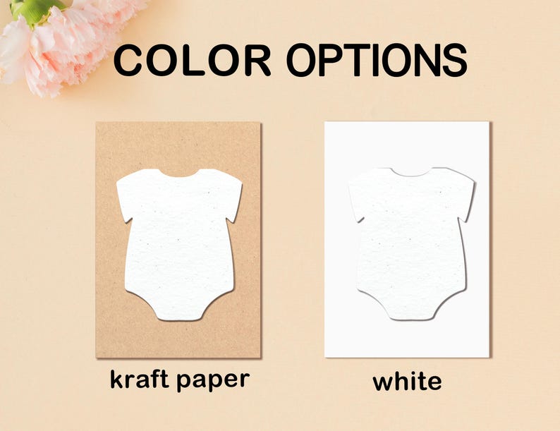 May include: The image displays two baby bodysuit cutouts, one on kraft paper and the other on white paper. The text "COLOR OPTIONS" is at the top. The kraft paper cutout is on the left, and the white paper cutout is on the right.