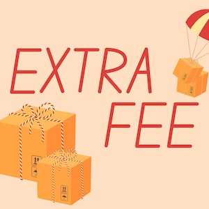 May include: Illustration of two orange boxes with red and white string tied around them. The boxes are labeled with an up arrow and a small umbrella. The word "EXTRA" is written in red to the left of the boxes and the word "FEE" is written in red to the right of the boxes. A red and white striped parachute is above the boxes.
