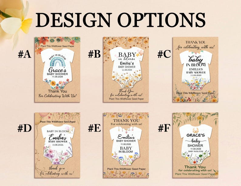 May include: A collection of baby shower invitation cards with a onesie design. Each card features the text "Baby in Bloom" and the name and date of the event. The cards are on a kraft paper background with floral accents.