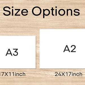 K&ouml;nnte beinhalten: Zwei wei&szlig;e Papierformate, A3 und A2, mit ihren Abmessungen in Zoll. A3 ist 17x11 Zoll und A2 ist 24x17 Zoll.