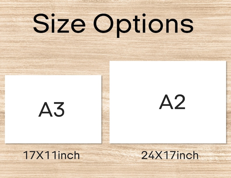 K&ouml;nnte beinhalten: Zwei wei&szlig;e Papierformate, A3 und A2, mit ihren Abmessungen in Zoll. A3 ist 17x11 Zoll und A2 ist 24x17 Zoll.