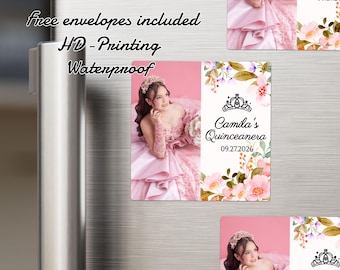 Vierkante magneet Quinceanera/aangepaste magneetgunsten voor kweepeerfeestjes/gepersonaliseerde koelkastmagneten/Quinceanera-cadeaus/aandenken uitnodiging kweepeer