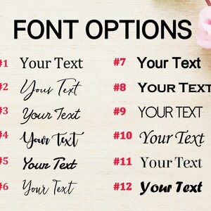 May include: Image showcasing a variety of font options for text customization. The phrase "FONT OPTIONS" is displayed at the top. Twelve different font styles are presented, each with the example text "Your Text" in various styles, numbered from 1 to 12.