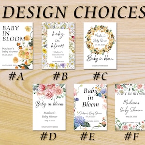 May include: Image showcasing six baby shower invitation designs. Each design features the text "Baby in Bloom" with floral illustrations and the baby shower details. The designs are labeled with letters A through F.
