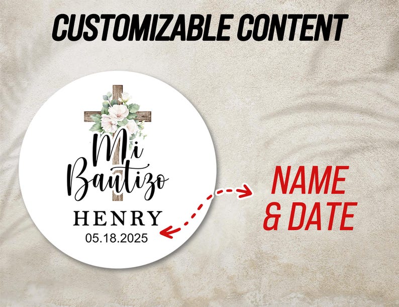 May include: White round sticker with a wooden cross decorated with white flowers. The text "Mi Bautizo" is written in black cursive lettering. Below the text is the name "HENRY" and the date "05.18.2025".