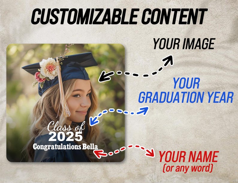 K&ouml;nnte beinhalten: Eine Vorlage f&uuml;r ein Abschlussfoto mit einem anpassbaren Bild, Namen und Abschlussjahr. Die Vorlage hat einen schwarzen Hintergrund mit wei&szlig;em Text, der "Klasse von 2025" und "Herzlichen Gl&uuml;ckwunsch Bella" lautet.
