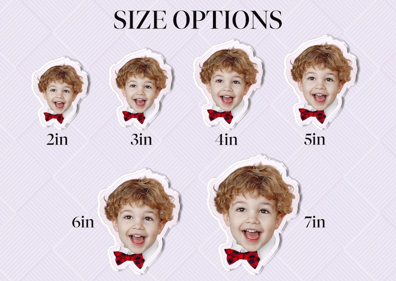K&ouml;nnte beinhalten: Ein Stickerbogen mit einem l&auml;chelnden Kind mit lockigem Haar und einer roten karierten Fliege. Der Aufkleber ist in Gr&ouml;&szlig;en von 5 cm bis 18 cm erh&auml;ltlich. Der Text "SIZE OPTIONS" steht oben.