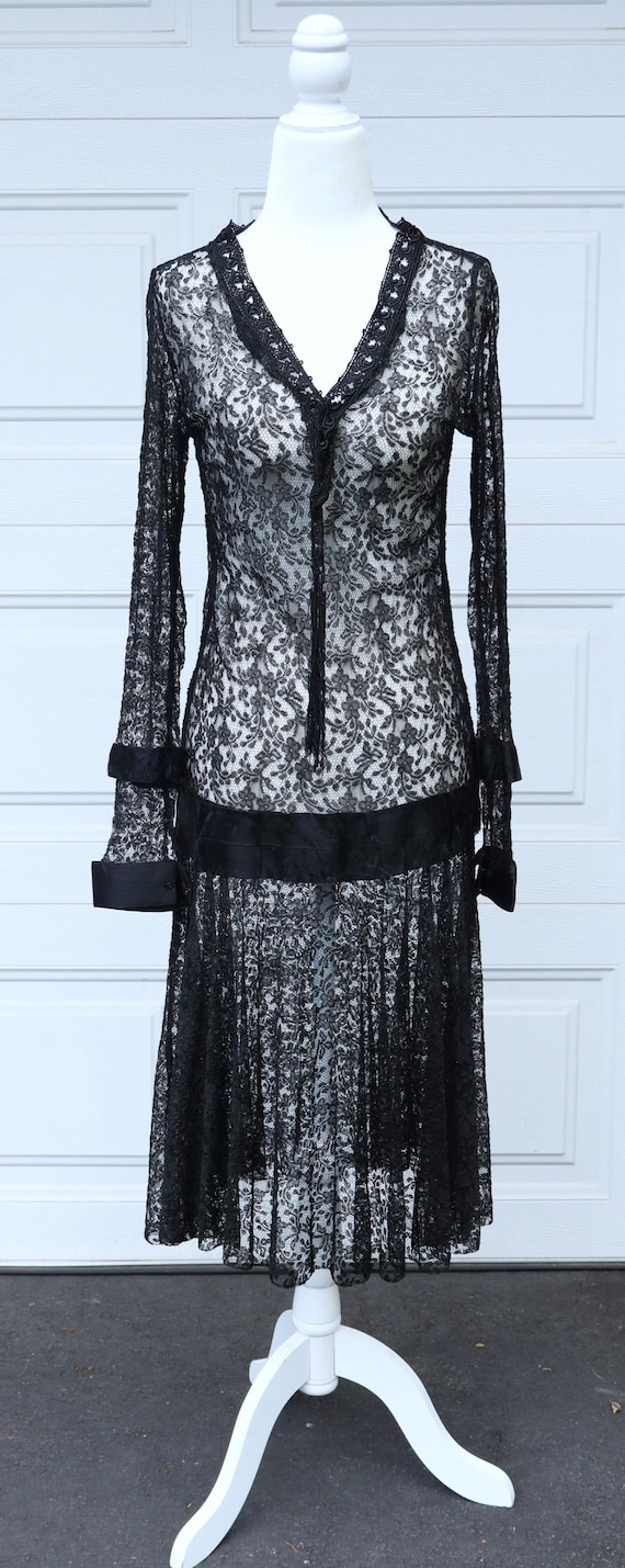 Antique 20's Art Deco Black Lace W Dress W Black Satin Long Sleeves Dress