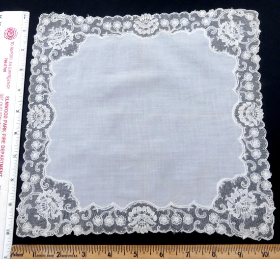 Vintage French handmade lace cotton handkerchief … - image 1