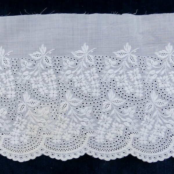 Antique Victorian fine hand embroidery on cotton fabric Broderie Anglaise lace trim color ecru