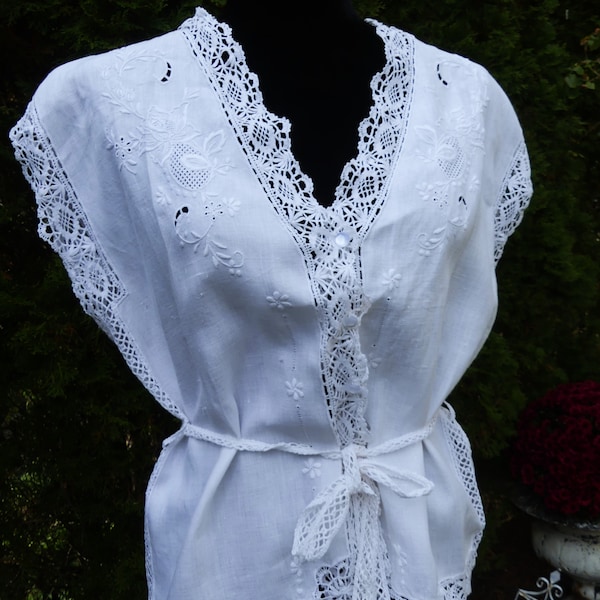 Vintage linen hand embroidery needle trim sleeveless lady dress top color ecru