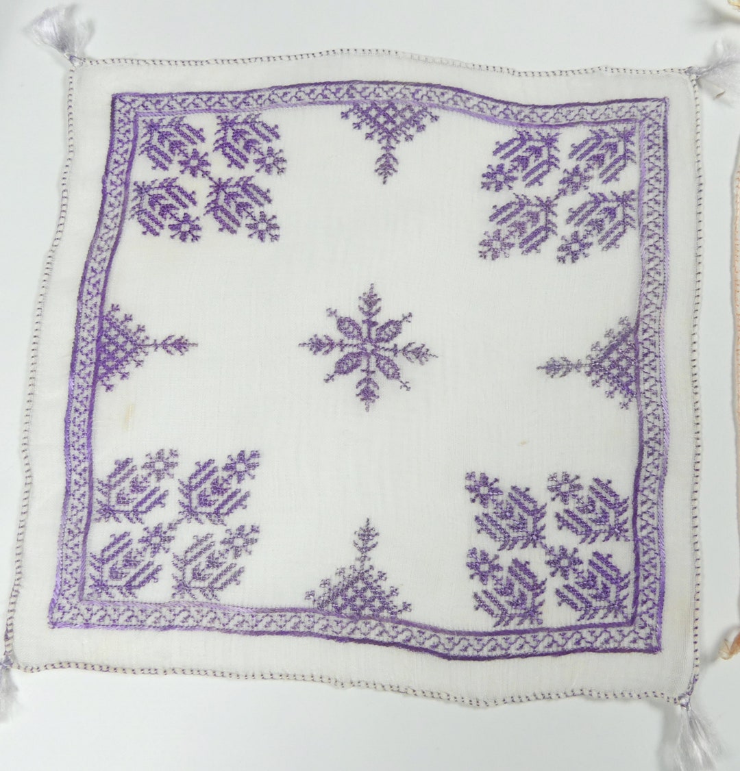 Vintage Cotton & Handmade Cross Stitch Hanky Color Ivory Light Purple 8