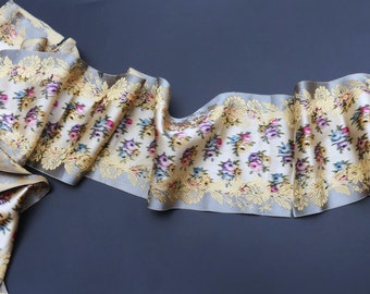 Antique 19th C French silk with flower pattern trim color beige/light grey blue
