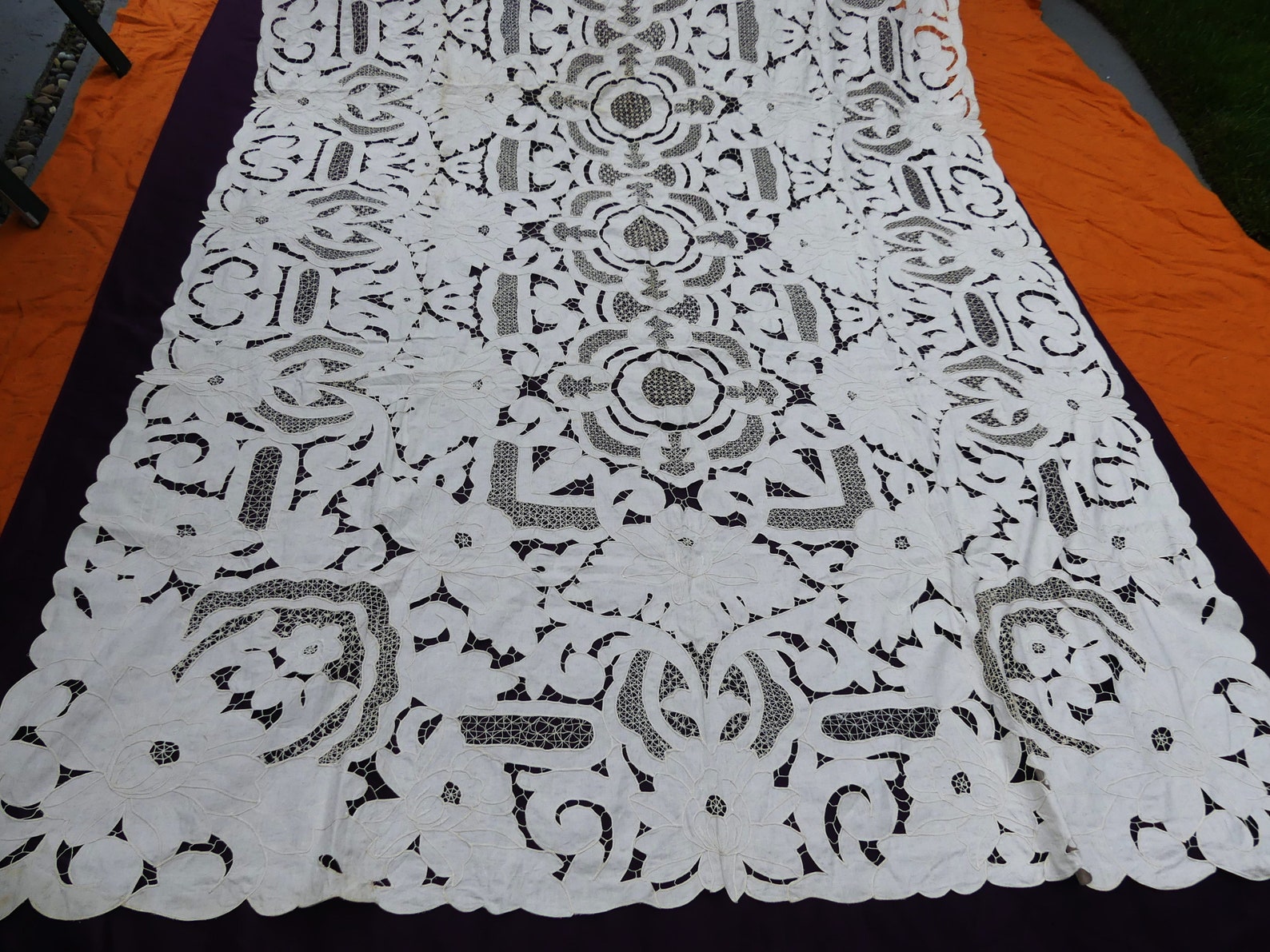 Vintage Large Handmade Embroidery Cutwork Tablecloth Color Darker Ivory ...