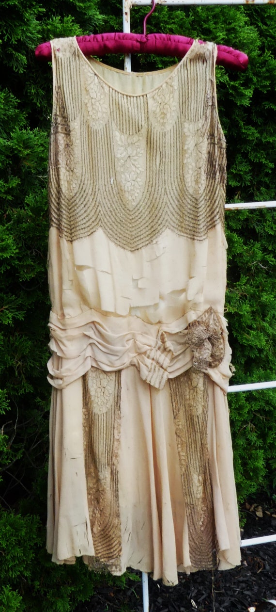 Antique art deco flapper silk lace dress color sof