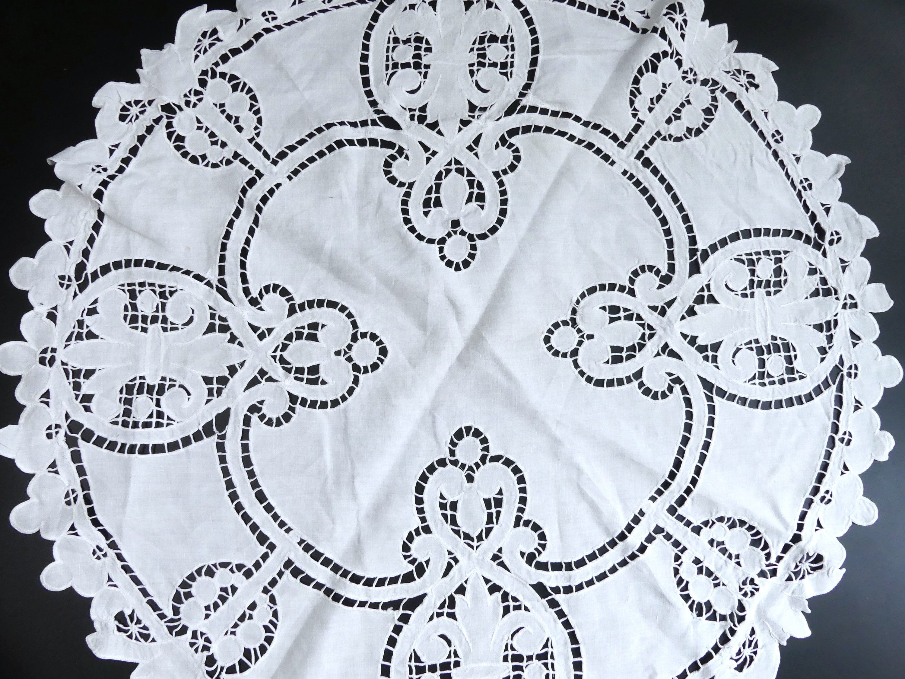 Antique handmade embroidery cutwork tablecloth color ecru  26”