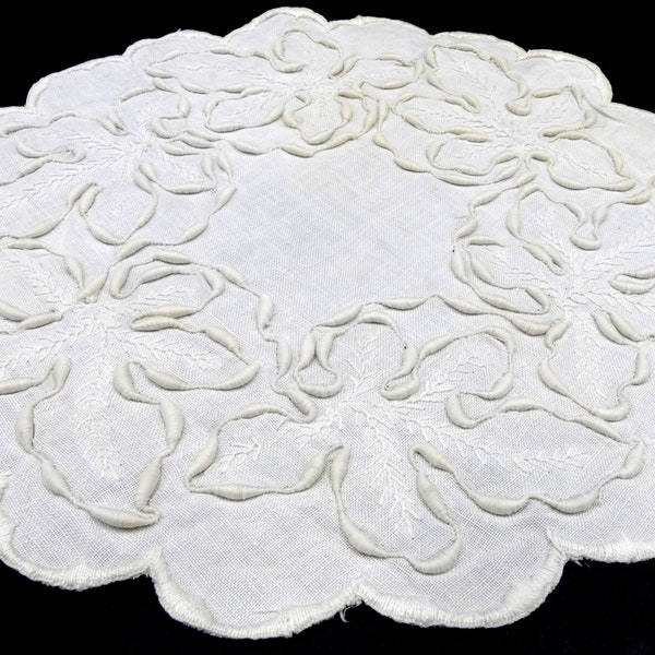 Antique linen heavy embroidery round placemat color ecru 10”