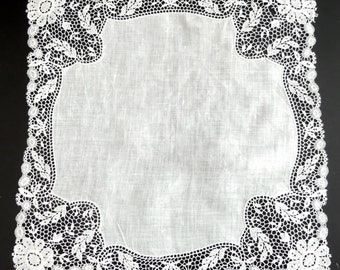 Antique linen w needle lace handkerchief  color ecru