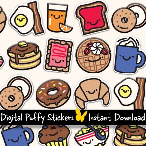 Kawaii Breakfast Digital Stickers | Cute food puffy sticker set for digital planners & journals | Both precropped PNGs and GoodNotes files