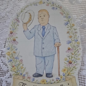 May include: A whimsical illustration of a man in a light blue suit, holding a hat and cane, surrounded by flowers. The text "This flower is willtin'" is on a banner at the bottom. The artwork has a vintage, hand-drawn style.
