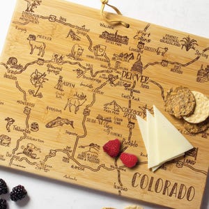Colorado State Landmarks Bamboo Cutting Board, Engraved Map Design, Kitchen Serving Board