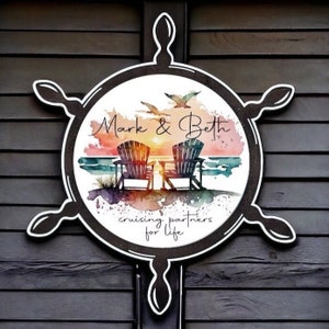 Cruise Door Magnet Decoration / Ship Wheel with Beach Chairs / Custom Wood Cruise Gift Magnet