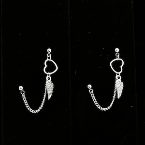 Cute Heart Double Piercing Grunge Chain Connecting Kawaii Earrings Y2K Layered Earrings Stainless Steel earrings
